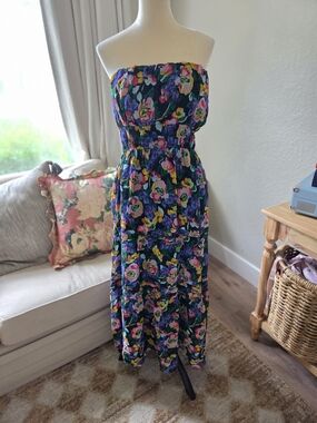 Anthropologie Strapless Floral Maxi Dress in Navy with Multicolor Blooms
